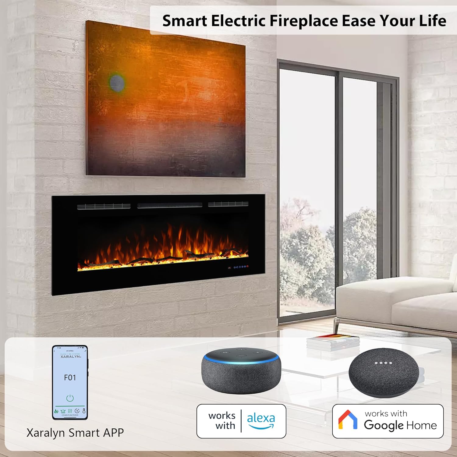 Electric Fireplace 40 inch Wide 26.5" High, Wall-Mounted & Recessed Fireplace Inserts, Multicolor Flame w/5 Dimmer, Remote Control Thermostat, Timer, Hardwire Connect, 1500W,Black
