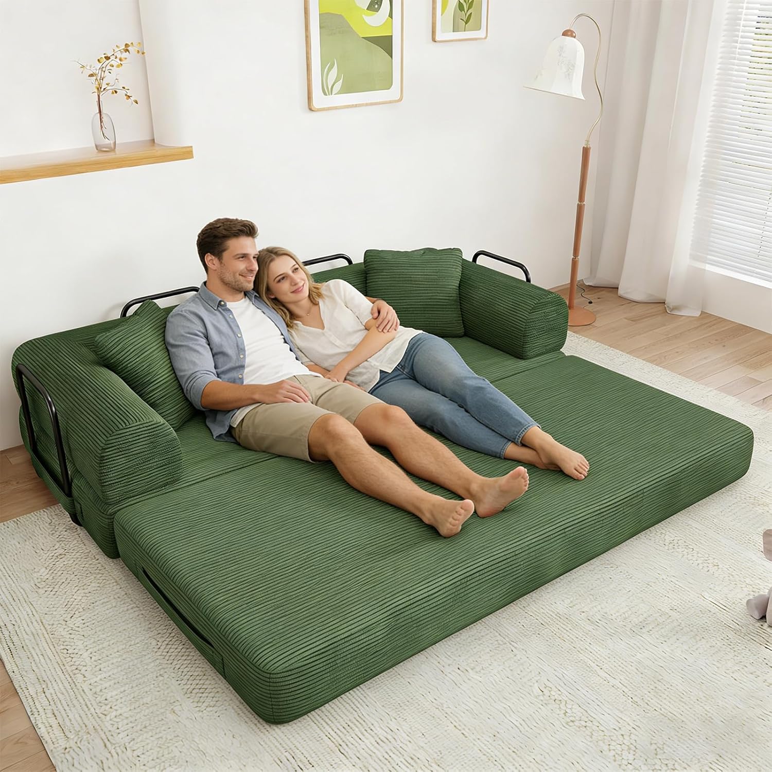77" Convertible Sofa Bed, Modular Folding Futon Corduroy Floor Foam Compressed Loveseat Sleeper Sofa Couch, Pull Out Queen Size Couch Bed with 2 Pillows for Living Room Guest Room Studio, Dark Green