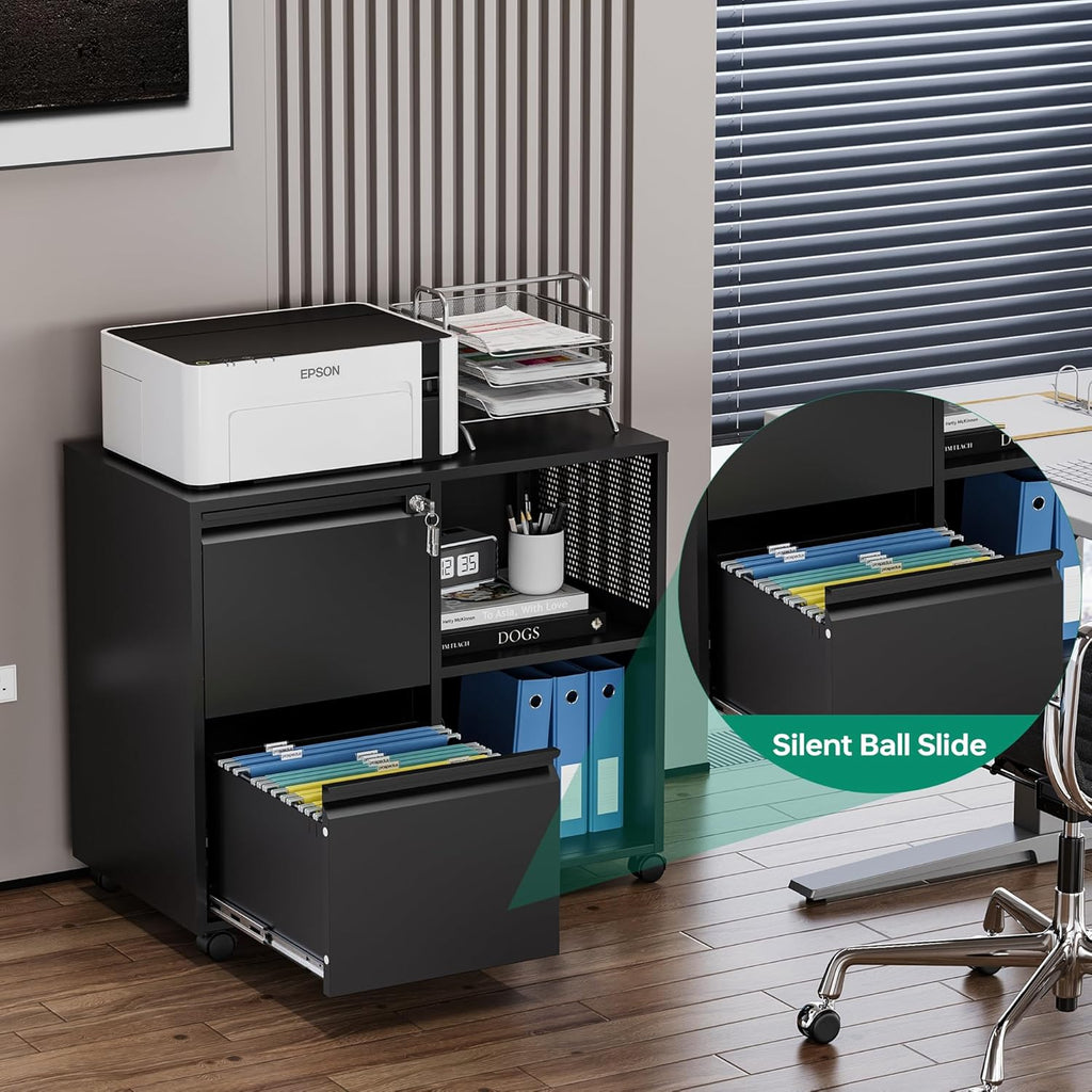 Letaya Mobile File Cabinet, Metal Lateral Rolling Printer Stand Filing Cabinets with Shelves for Home Office-Storage A4/F4 (Black)