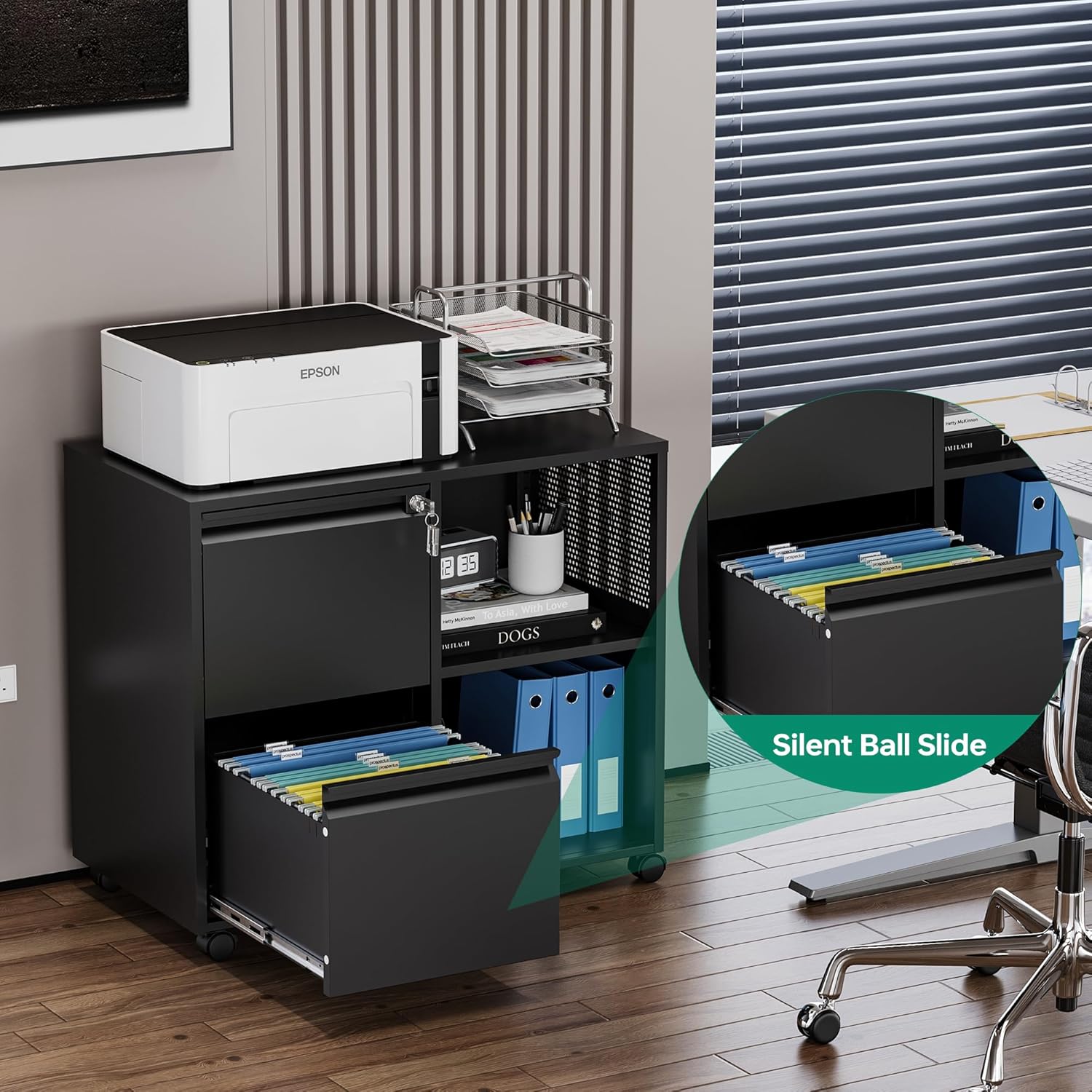 Letaya Mobile File Cabinet, Metal Lateral Rolling Printer Stand Filing Cabinets with Shelves for Home Office-Storage A4/F4 (Black)