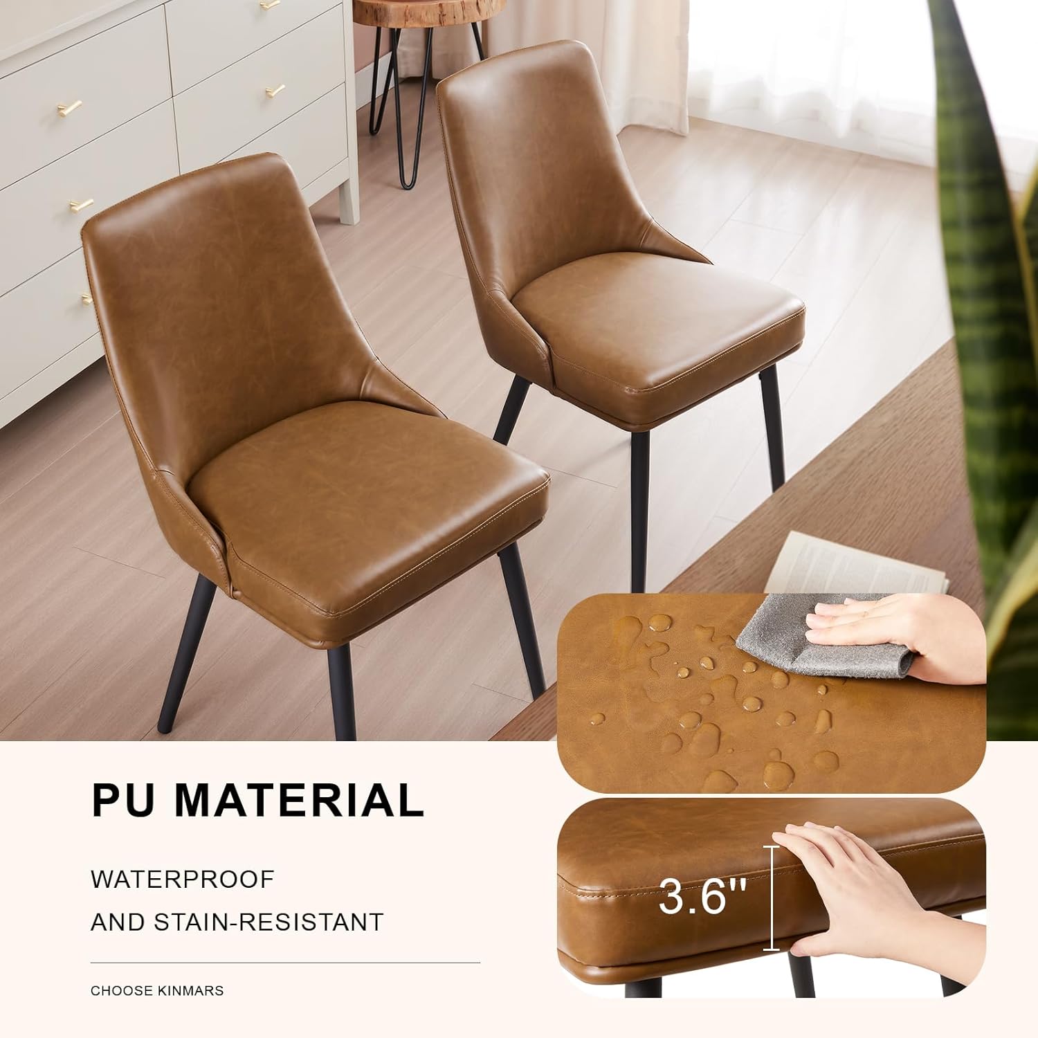 Modern Upholstered Dining Chairs Set of 4 with Thick Seat Cushion and Curved Back, Synthetic Leather Mid-Century Dinner Chair for Kitchen, Dining Room,Cafe (Faux Leather-Brown, Set of 4)