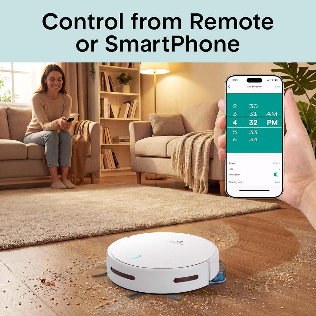 SereneLife Automatic Robot Vacuum Cleaner and Mop Combo, App Control, 3 Cleaning Modes, Smart Anti-Fall Sensors, Self-Charging, High Suction Ideal for Pet Hair, Carpet and Hard Floors, White
