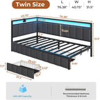 DICTAC Twin Corner Bed Frame with 2 Storage Drawers and Charging Station Twin Bed Frames with Storage and Led Lights Twin Size Daybed for Kids Teen with Upholstered Guardrail,No Box Spring Needed,Gray