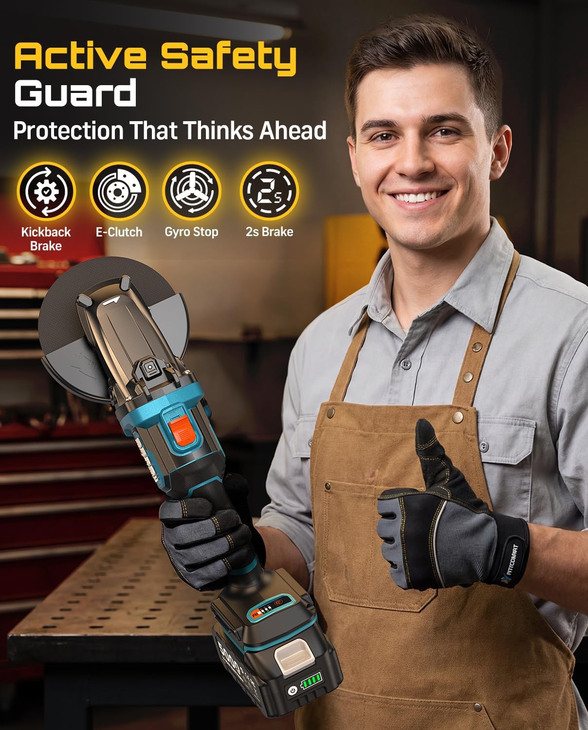 SEESII Flathead Brushless Angle Grinder, 21V Cordless Variable Speed Grinder Kit 5.0Ah Battery+Charger, 4-1/2 to 5" Cut Off Tool, 6-Speed, 20ms Brake+Drop Protection for Metal Cutting, Auto Body, DIY