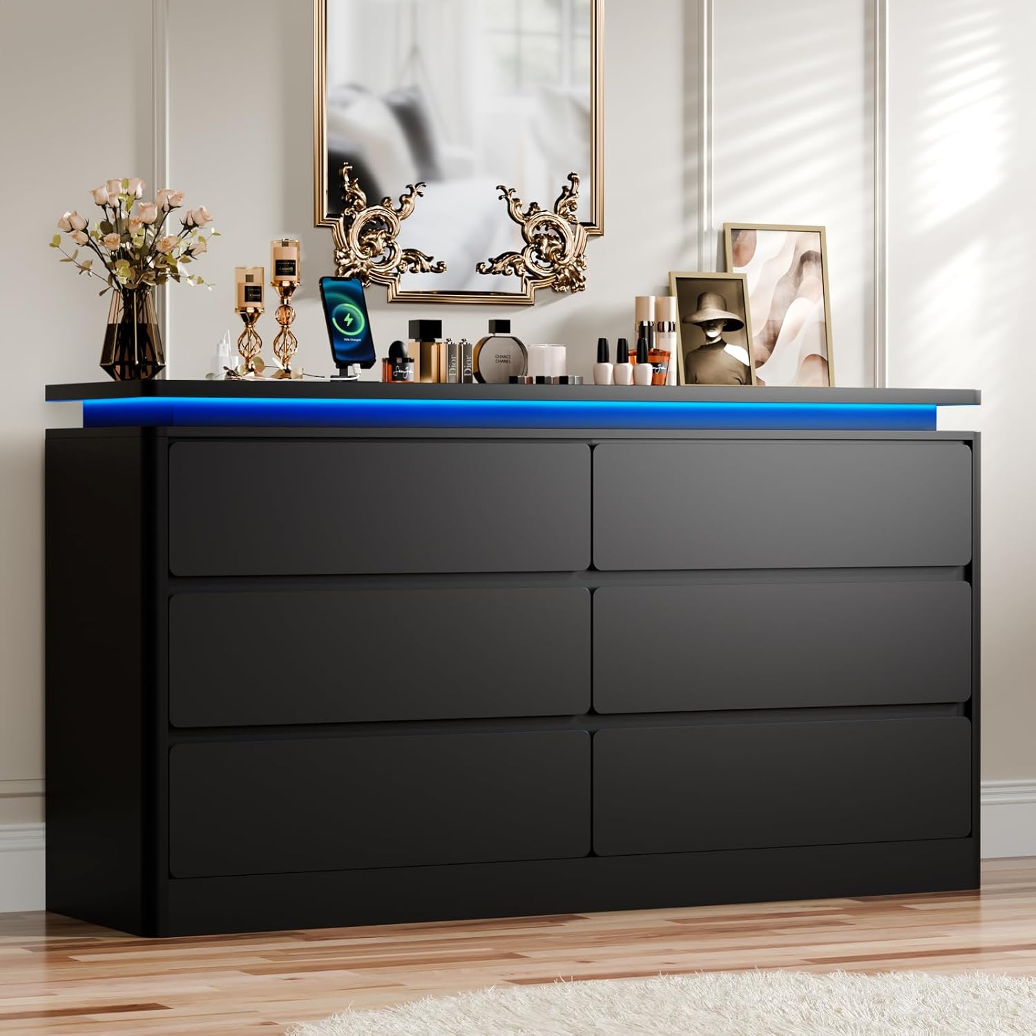 6 Drawer Dresser for Bedroom, 47.2" Long Black Chest of Drawers with Charging Station & LED Lights,Curved Profile Design,Double Wooden Closet Storage Cabinet,Modern Dresser TV Stand with Deep Drawers
