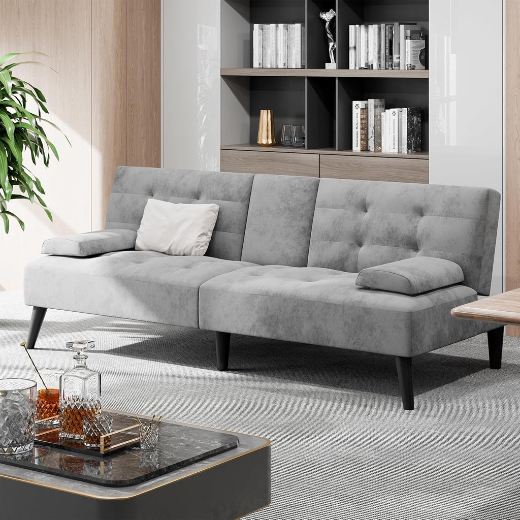 Shintenchi Futon Sofa Bed, Velvet Foldable Couch, Reclining Sleeper with Removable Armrests, Upholstered Loveseat Sofa Couch with Folding Cup Holders for Home, Office, Light Gray