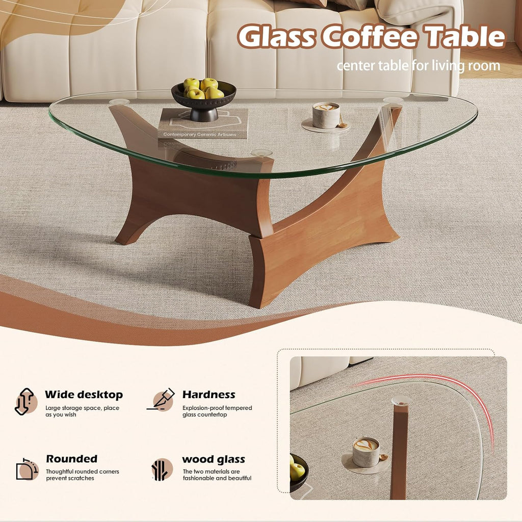 Glass Coffee Table Mid-Century Modern Coffee Table for Living Room Center Table Suitable for Bedroom Living Room Reception Office Tables（Walnut/Transparent，Medium）