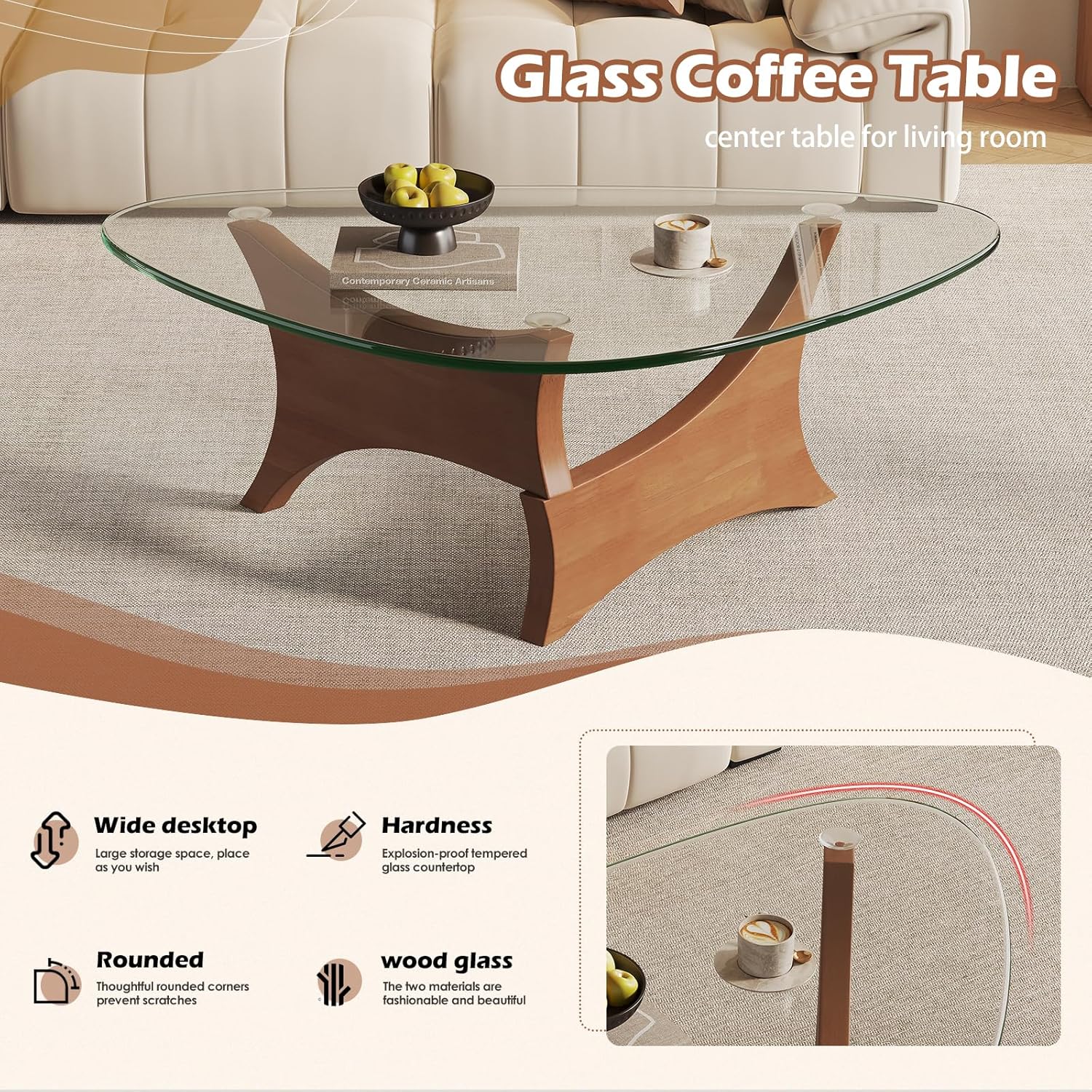 Glass Coffee Table Mid-Century Modern Coffee Table for Living Room Center Table Suitable for Bedroom Living Room Reception Office Tables（Walnut/Transparent，Medium）