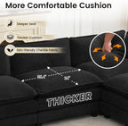 ROWHY Oversized Modular Sectional Couch with Movable Ottoman, 112" Modern Convertible L Shaped Sofa Set, 4 Seat Comfy Cloud Couch with 2 Throw Pillows, for Living Room and Office, Chenille, Black