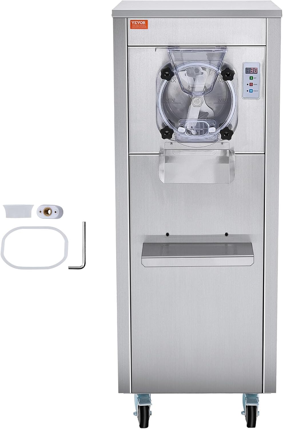 VEVOR Ice Cream Maker for Commercial Use, Produces 18 Liters per Hour, 1780W, Offers Single Flavor, Equipped with Wheels, 6L Stainless Cylinder, LED Display, Automatic Cleaning & Pre-cooling Functi