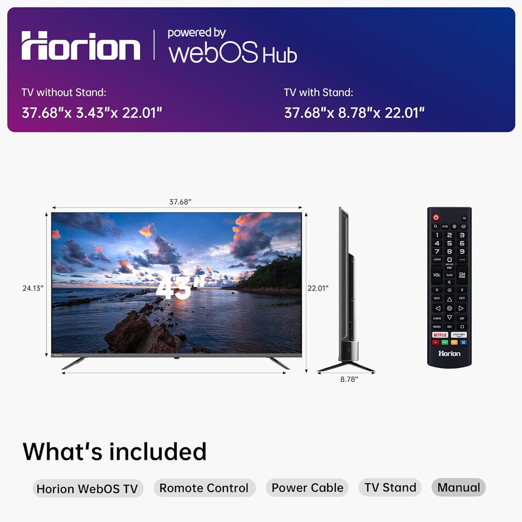 HORION 43 inch Smart TV  4K UHD LED TV with WebOS 22  Ultra Slim Television with Mega Contrast  HDR10  Dolby Audio - Streaming Live  Bluetooth  Hdmi  WiFi ((P6D Series)