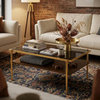 Casaphoria Rectangle Coffee Table with Gray Tempered Glass Top, 2-Tier Modern Center Cocktail Table with Golden Metal Legs and Wooden MDF Storage Shelf for Living Room, 38 Inch, 220 LBS Capacit