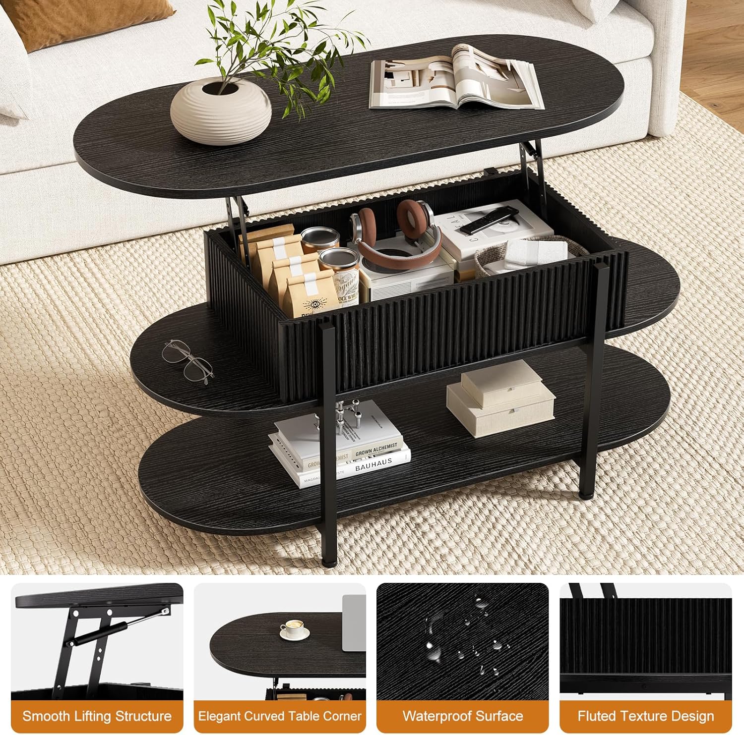 FABATO 41.7" Oval Lift Top Coffee Table, Fluted Wood Center Table with Hidden Storage, 3 Tier Small Tables with Curved Edge, Modern Narrow Coffee Table for Living Room Reception Room, Black