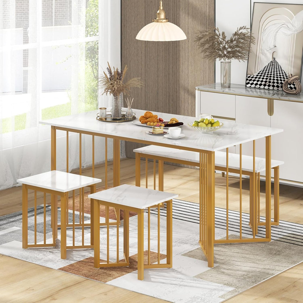 Giantex 4-Piece Dining Table Set for 4, Kitchen Table Chairs Set with Bench & 2 Stools, Wing-Shaped Metal Legs, Marble Grain Dinette Table Set for Small Space, Dining Room, Breakfast Nook Table Set