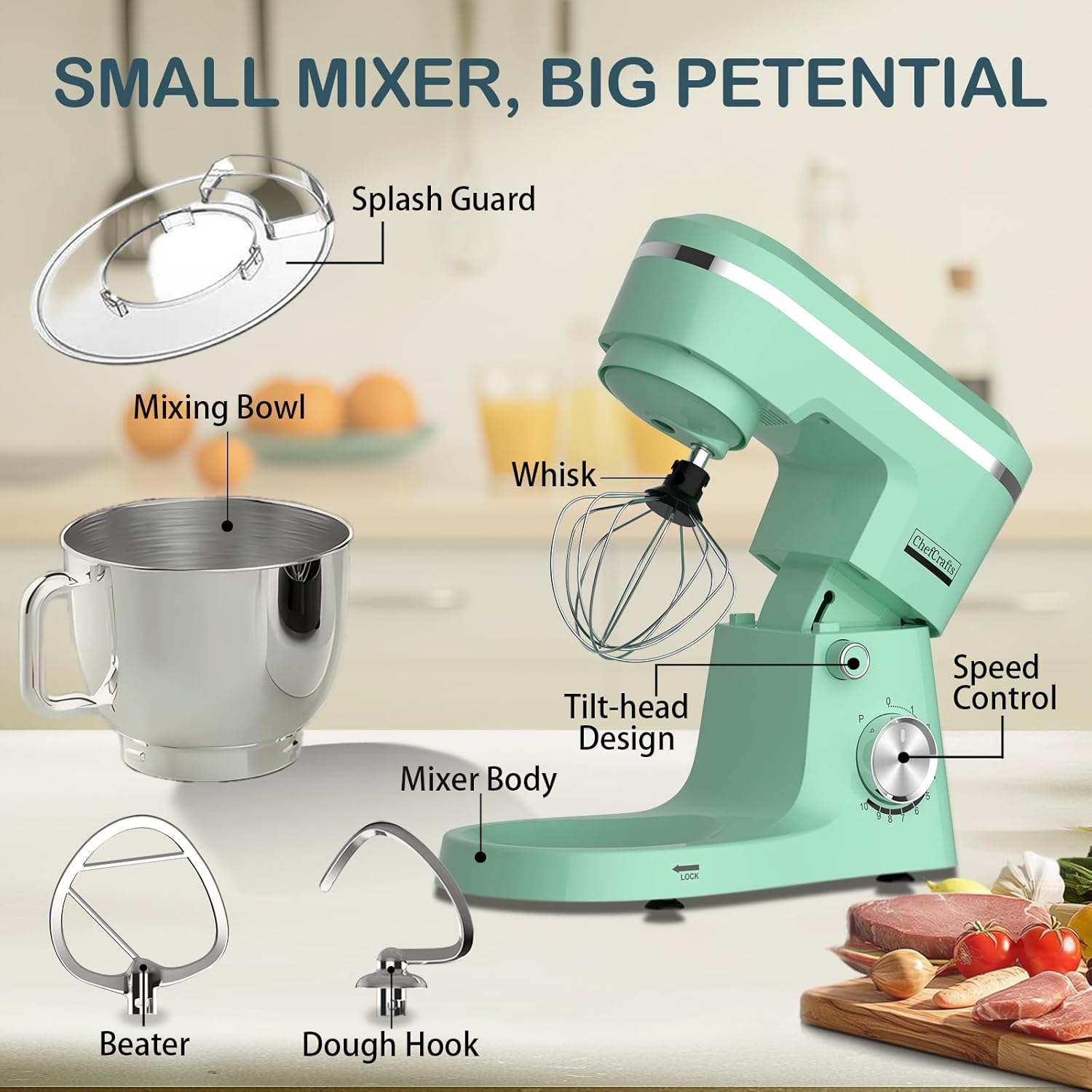 Electric Stand Mixer with 6.5 Quart Bowl, Household Food Mixer 10+p Speeds 660W, Tilt-Head Bread Dough and Cake Mixers with Dough Hook, Whisk, Beater, Splash Guard and Egg Separator (Blue)