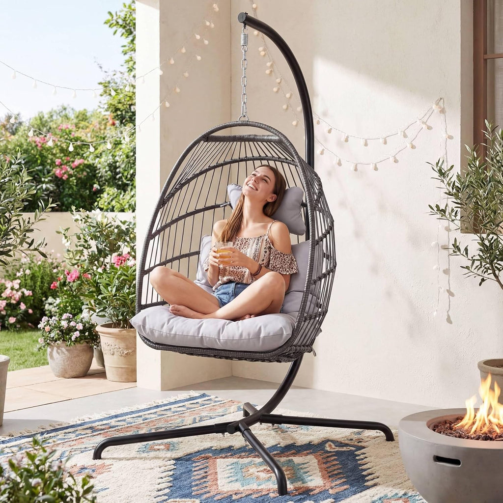 RADIATA Rattan Swing Egg Chair with Stand Outdoor, Comfy Hanging Wicker Chairs with Soft Cushion, Stable 350Lbs Patio Swinging Chair for Adults Bedroom Balcony Indoor Porch Outside, Light Gray