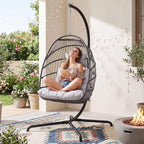 RADIATA Rattan Swing Egg Chair with Stand Outdoor, Comfy Hanging Wicker Chairs with Soft Cushion, Stable 350Lbs Patio Swinging Chair for Adults Bedroom Balcony Indoor Porch Outside, Light Gray