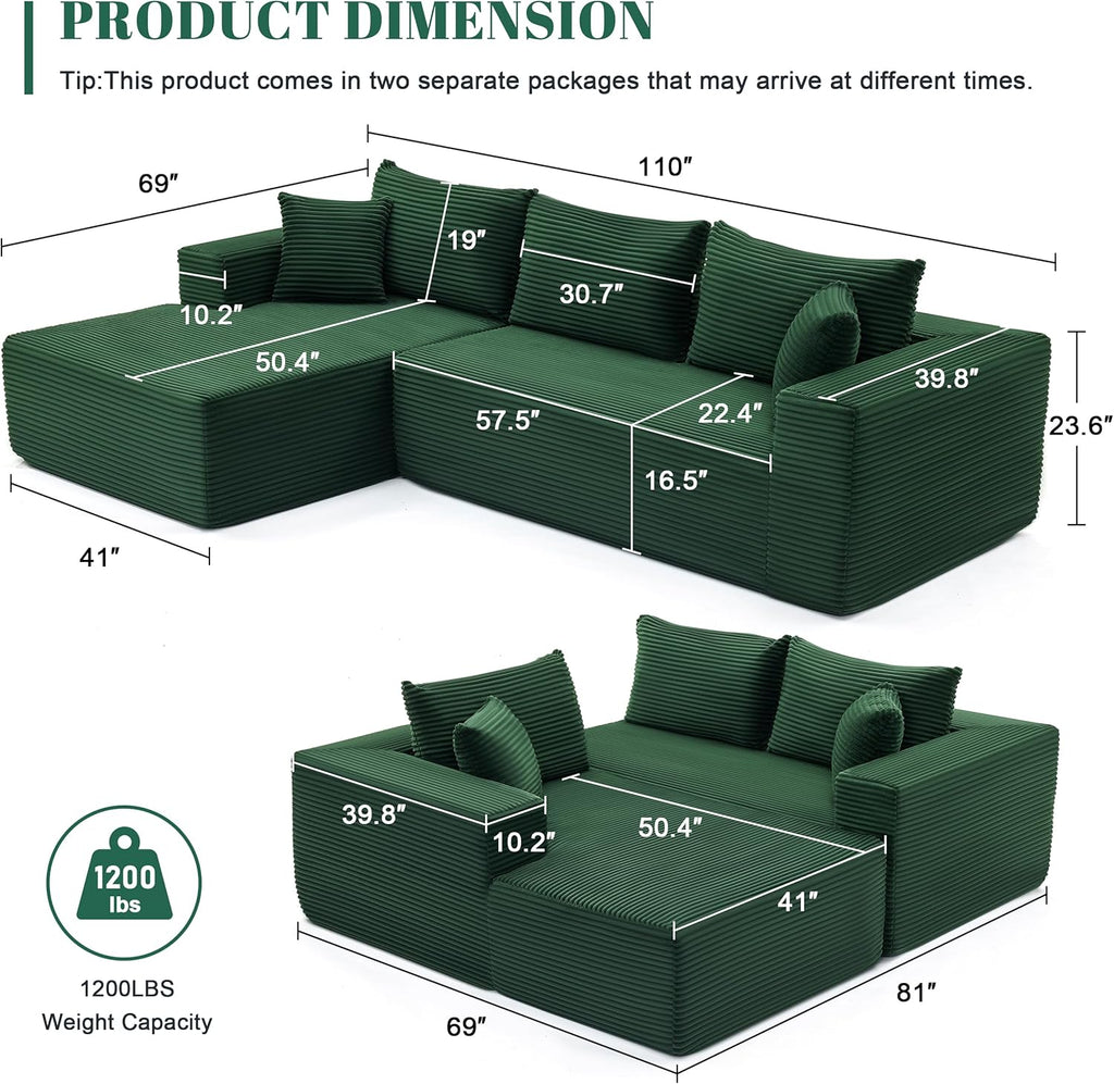 110” Cloud Sectional Couch, Modular Sectional Sofa for Living Room, Boneless Sofa with Deep Seat, Comfy Fluffy Couch with L-Shaped Chaise, No Assembly Required (Left-Facing Chaise, Green)