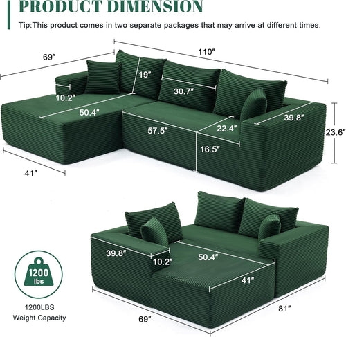 110” Cloud Sectional Couch, Modular Sectional Sofa for Living Room, Boneless Sofa with Deep Seat, Comfy Fluffy Couch with L-Shaped Chaise, No Assembly Required (Left-Facing Chaise, Green)