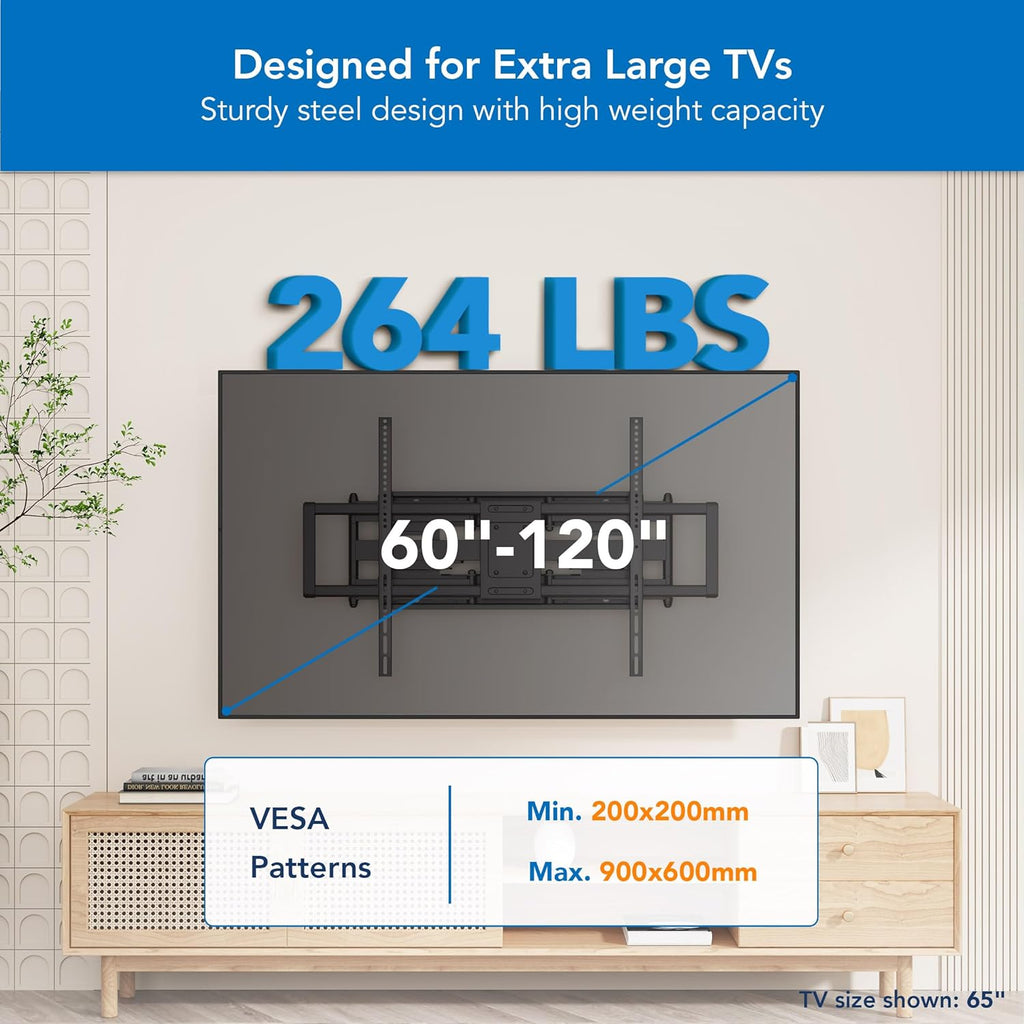 Mount-It! Heavy Duty XXL Full Motion TV Wall Mount for Extra Large TVs  max VESA 900x600  Holds up to 264lb  Swivel Tilt Extension Adjustable TV Mount for 60" 65" 75" 80" 85" 90" 98" 100" 115" 120 in