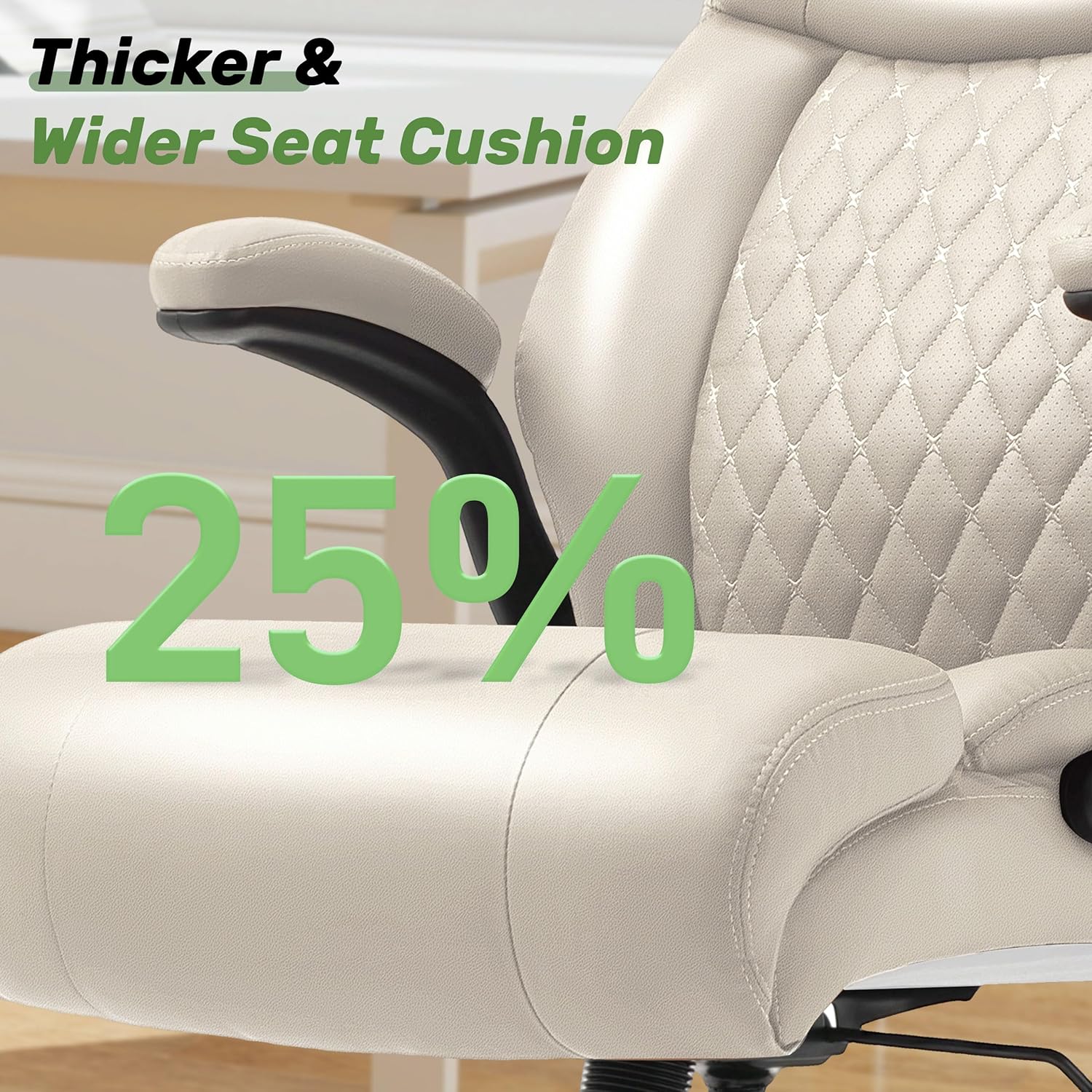 Office Chair, Big and Tall Executive Chairs with Lumbar Support for Back Pain, Breathable Desk Computer Chair with Adjustable Flip-up Armrests, Wide Cushion Swivel Home Office Chair Beigewhite