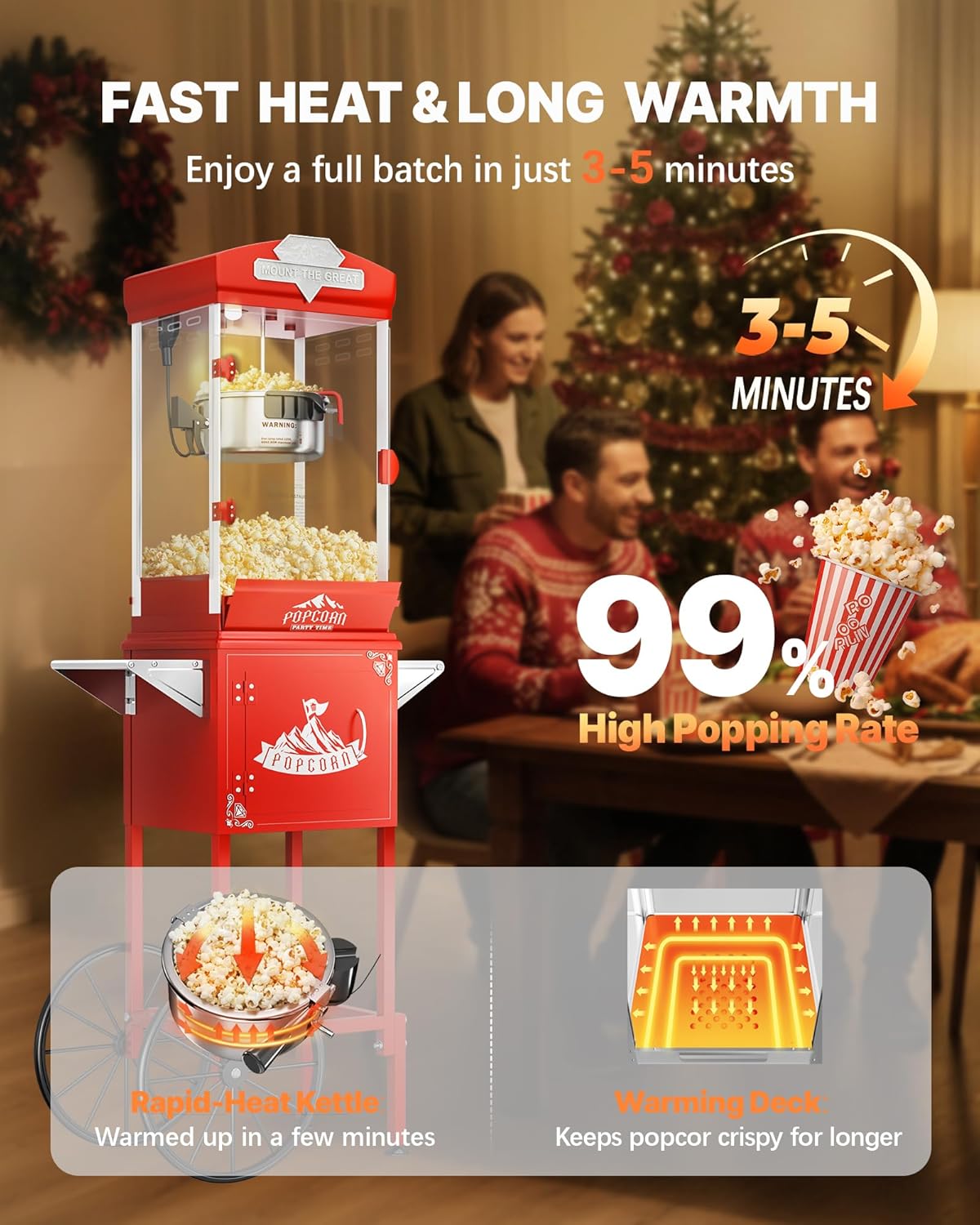 10 oz Popcorn Machine Cart, Popcorn Maker Machine with Wheel & Stainless-Steel Kettle Makes Up to 40 Cups, Vintage Movie Theater Style Pop Corn Machine, Red