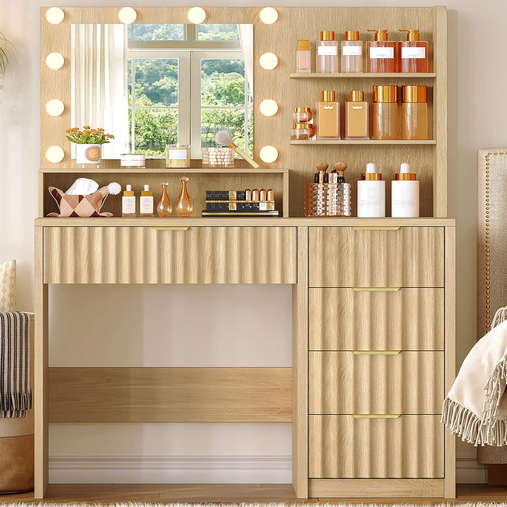 Vanity Desk with Mirror and Lights, Makeup Vanity with 5 Drawers & Storage Shelves, 3 Color Modes & Adjustable Brightness, Fluted Vanity for Girls, Natural