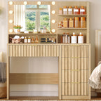 Vanity Desk with Mirror and Lights, Makeup Vanity with 5 Drawers & Storage Shelves, 3 Color Modes & Adjustable Brightness, Fluted Vanity for Girls, Natural