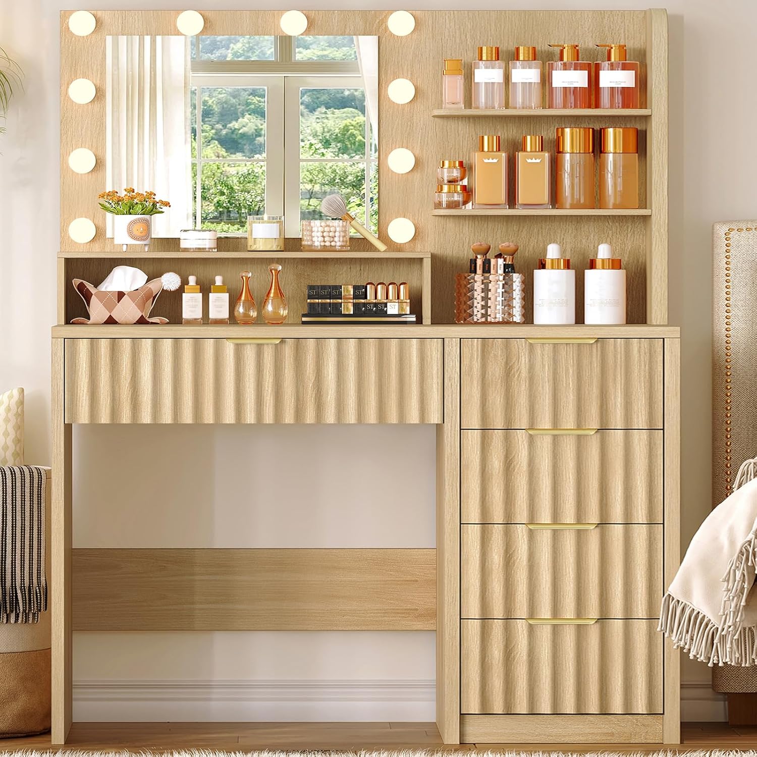 Vanity Desk with Mirror and Lights, Makeup Vanity with 5 Drawers & Storage Shelves, 3 Color Modes & Adjustable Brightness, Fluted Vanity for Girls, Natural
