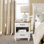 WAMPAT Off White Nightstand with 2 Drawers, Wooden End Table with Charging Station, Mid Century Modern Side Table Bedside Table for Bedroom & Living Room, 20 Inch
