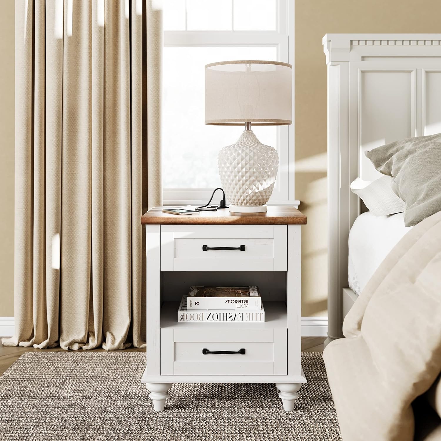 WAMPAT Off White Nightstand with 2 Drawers, Wooden End Table with Charging Station, Mid Century Modern Side Table Bedside Table for Bedroom & Living Room, 20 Inch