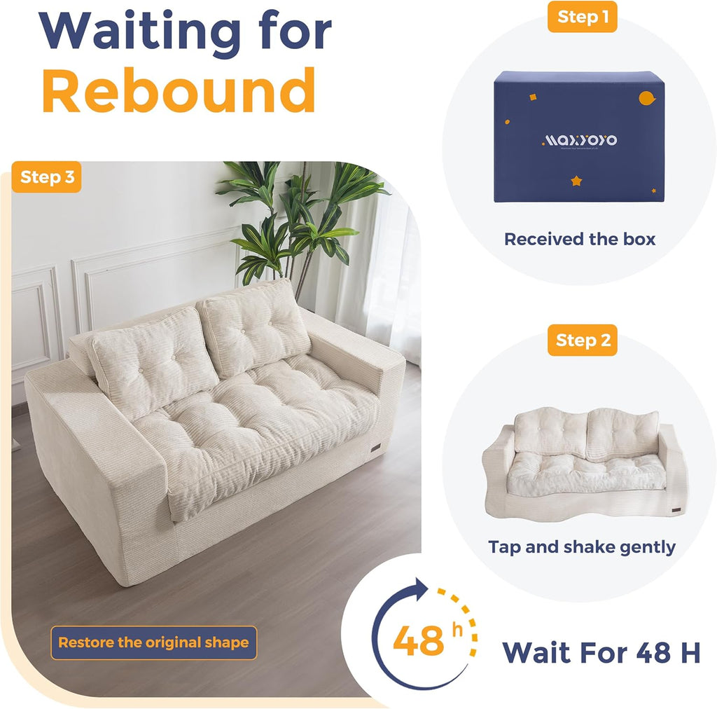 MAXYOYO Bean Bag Chair for Adults, Upholstered Floor Sofa with Armrests, Loveseat Boneless Couch with Tufted Cushion & Backrest, Sofa in A Box, Large Bean Bag Couch for Bedroom Living Room, Beige