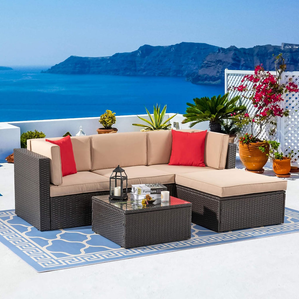 Vongrasig 5 Piece Patio Furniture Sets  Outdoor Patio Set Sectional Sofa  All-Weather PE Rattan Outdoor Couch with Ottoman  Glass Table for Garden  Backyard  Porch  Beige