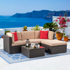 Vongrasig 5 Piece Patio Furniture Sets  Outdoor Patio Set Sectional Sofa  All-Weather PE Rattan Outdoor Couch with Ottoman  Glass Table for Garden  Backyard  Porch  Beige