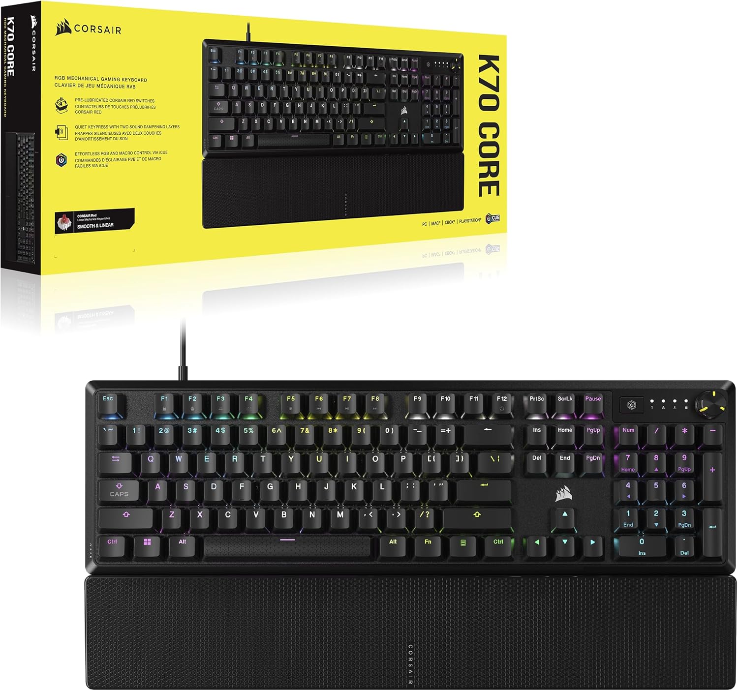 CORSAIR K70 CORE RGB Mechanical Wired Gaming Keyboard with Palmrest – Pre-Lubed MLX Red Linear Switches, SOCD, ABS Double-Shot Keycaps, Sound Dampening, Media Control Dial, QWERTY NA – Black