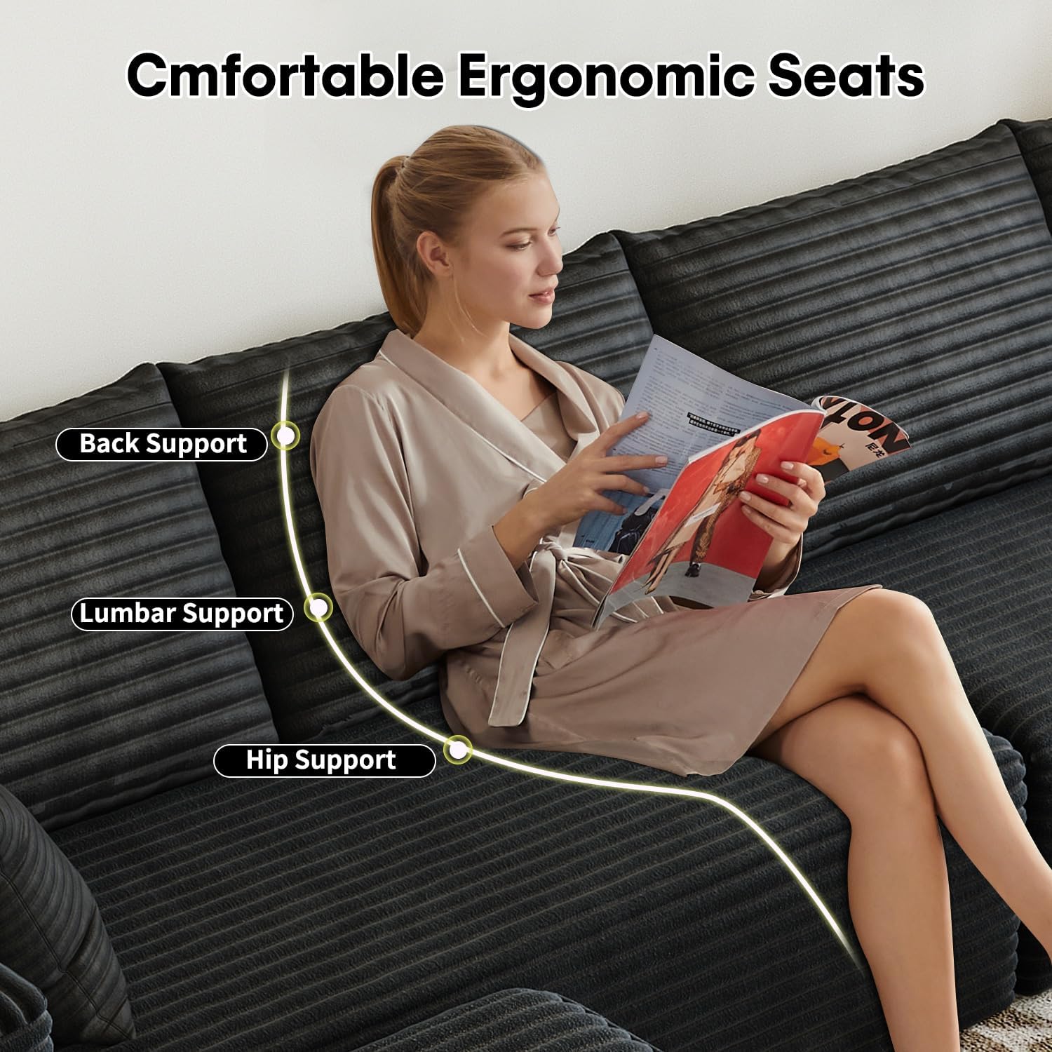 139.4" Modular Sectional Sofa Couch, Oversized U-Shaped Minimalist Couches with 2 Ottomans Chaise and 2 Middle Seats, Modern Deep Seat Cloud Plush Corduroy Sofas Set for Living Room, 8 Seater, Black