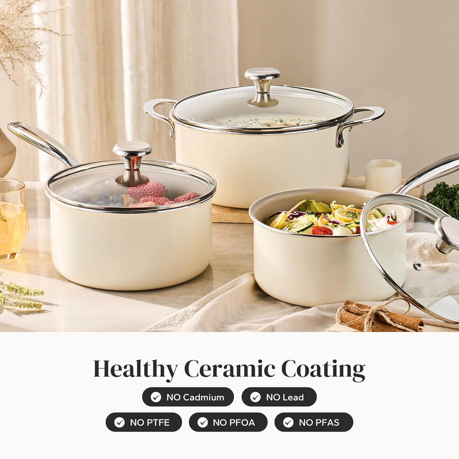 Redchef Cooking Pot Set Induction 5Qt, Saucepan Set 2.5/3.5Qt, 5QT Ceramic Saute Pan with Lid, Compatible All Cooktops, PTFE PFAS Free (Beige)