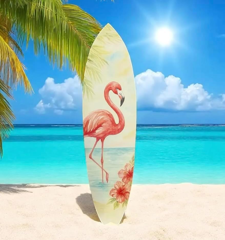 JennyGems Flamingo Surfboard Wall Art Tropical PVC Beach House Decor, Coastal Flamingo Sign for Porch or Patio, Outdoor Weatherproof, 3 Foot