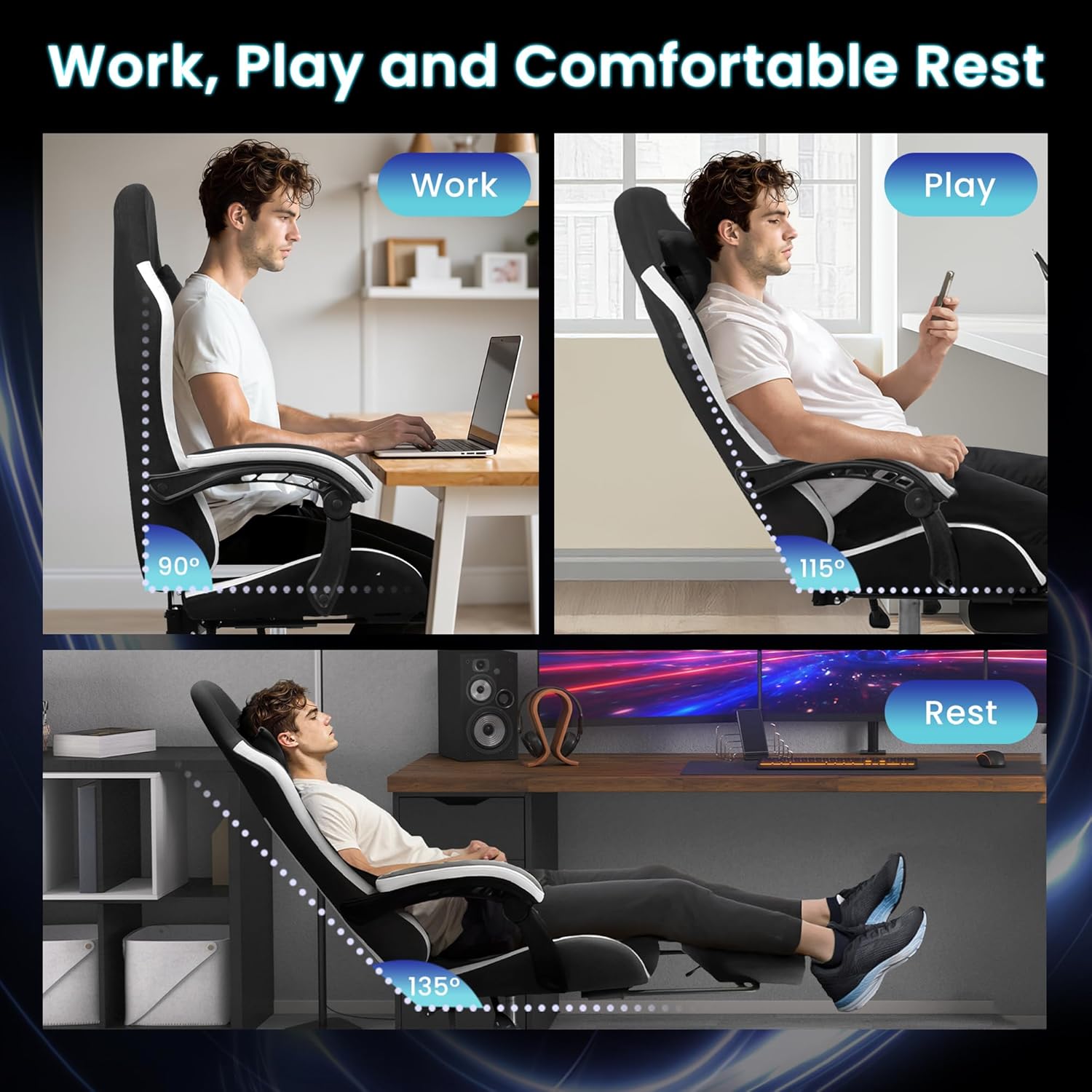 N-GEN GAMING Video Gaming Chair with Footrest Lumbar Support for Home Office High Back Recliner Height Adjustable Ergonomic Comfy Fabric Computer Desk Chair (Black)