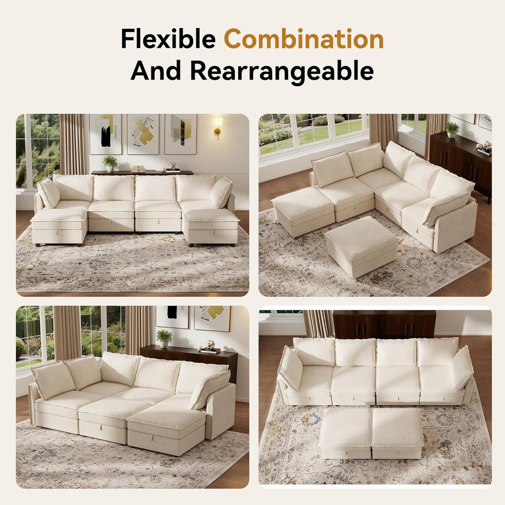 Ihanherry 129.6” Modular Sectional Sofa with Storage, U Shaped Couch for Living Room, 6-Seat Chenille Deep Seat Sofa with Movable Ottoman, Convertible Couches for Bedroom and Apartment .Beige