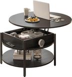 FABATO Round Lift Top Coffee Table with Storage and Hidden Compartment, 26.77'' Farmhouse Coffee Table for Living Room Reception Room, 2 Tier Small Round Coffee Table Circle Dining Table, Black