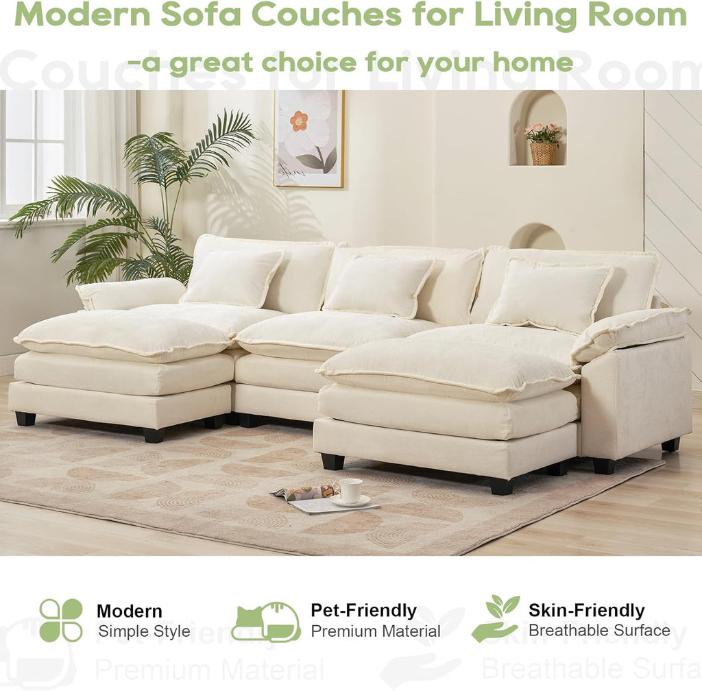 120" Modular Sectional Sofa, Comfy Cloud Couch Sectional Sofa with Ottoman, Chenille Sofa Sleeper Deep Seat Sofa with Throw Pillows for Living Room (Beige White, 120"- U Shape)