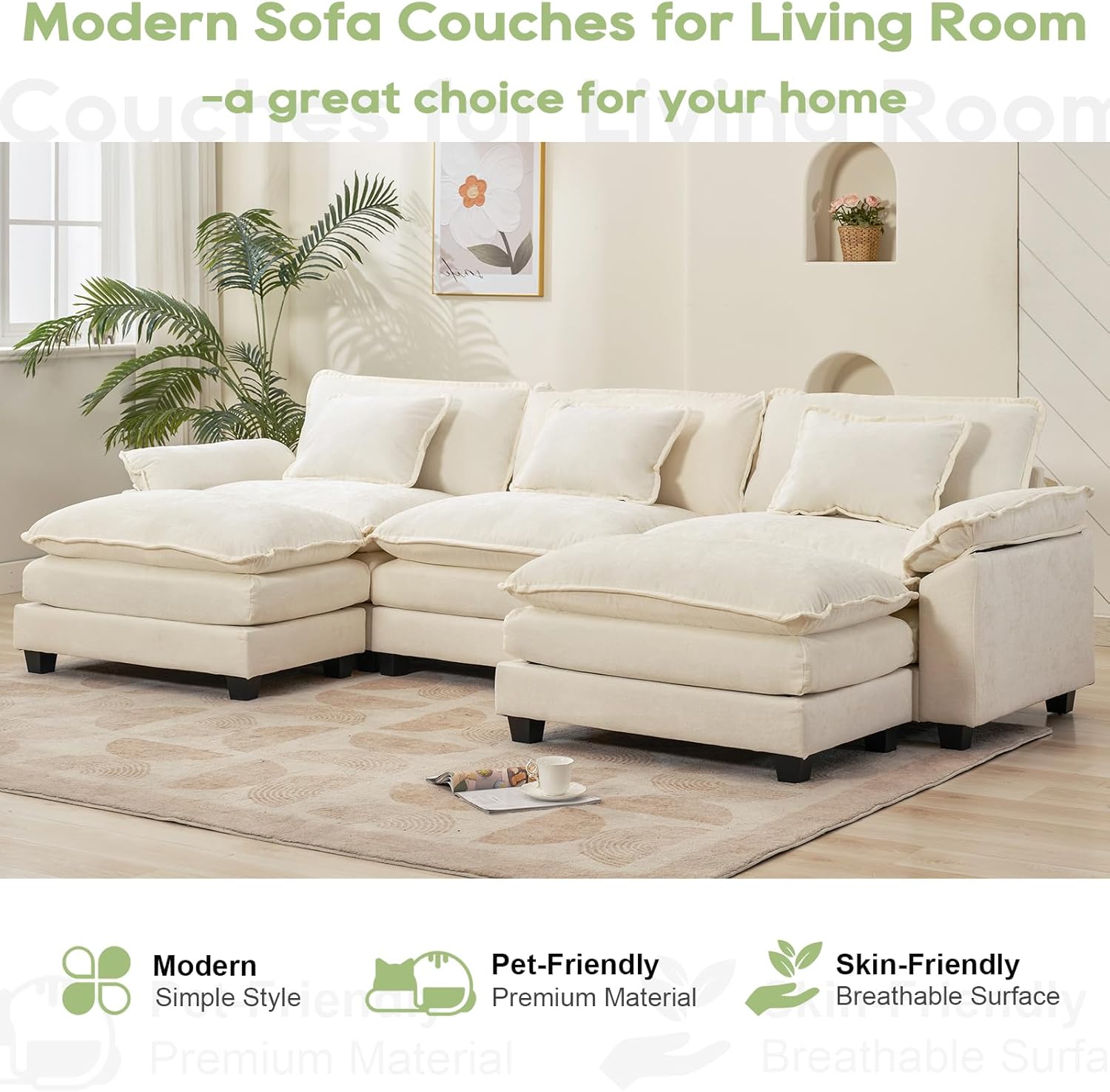 120" Modular Sectional Sofa, Comfy Cloud Couch Sectional Sofa with Ottoman, Chenille Sofa Sleeper Deep Seat Sofa with Throw Pillows for Living Room (Beige White, 120"- U Shape)