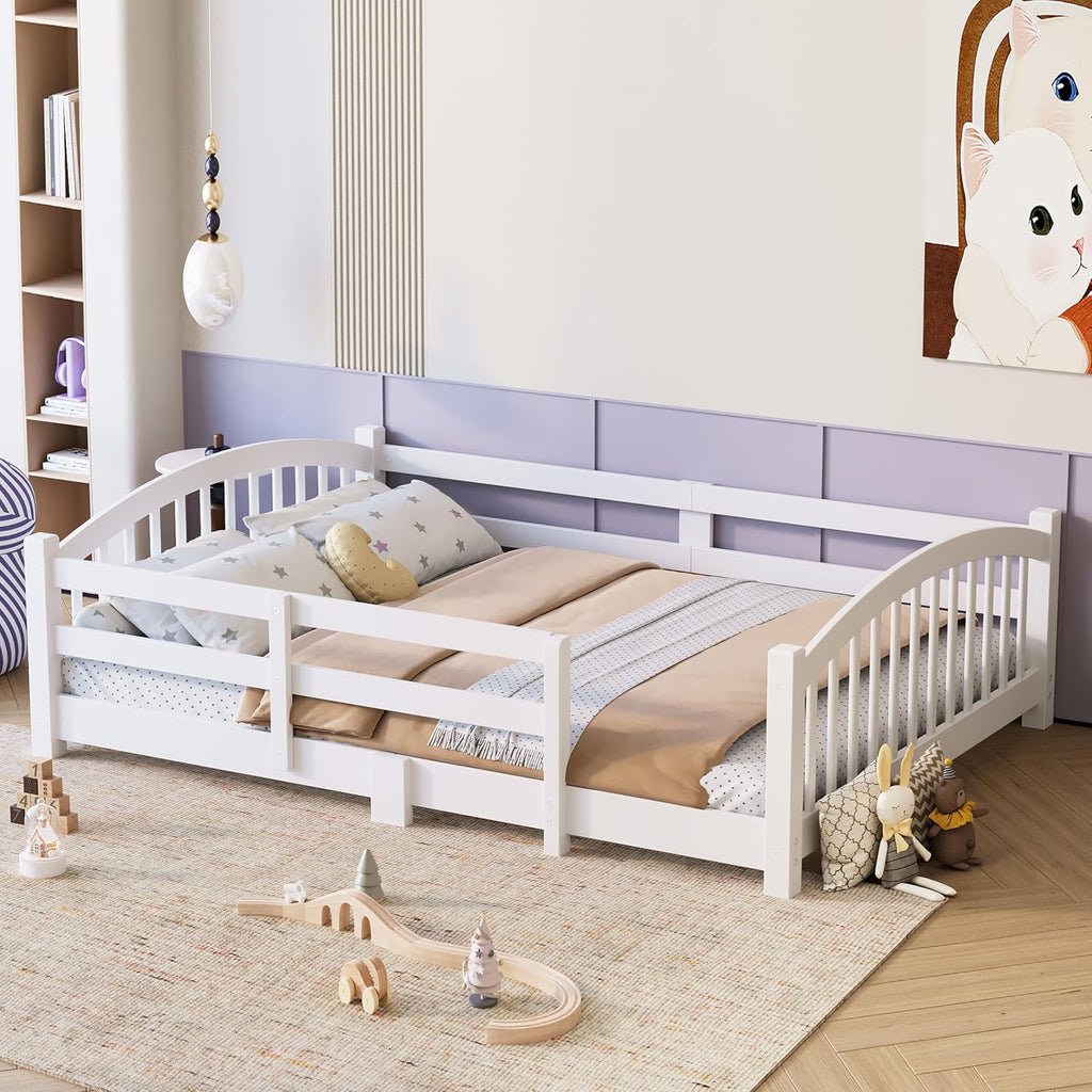 Merax Full Montessori Floor Bed with Safety Guardrails – Solid Wood Kids Bed with Slats & Fence and Without Door, No Box Spring Needed, White