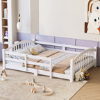 Merax Full Montessori Floor Bed with Safety Guardrails – Solid Wood Kids Bed with Slats & Fence and Without Door, No Box Spring Needed, White