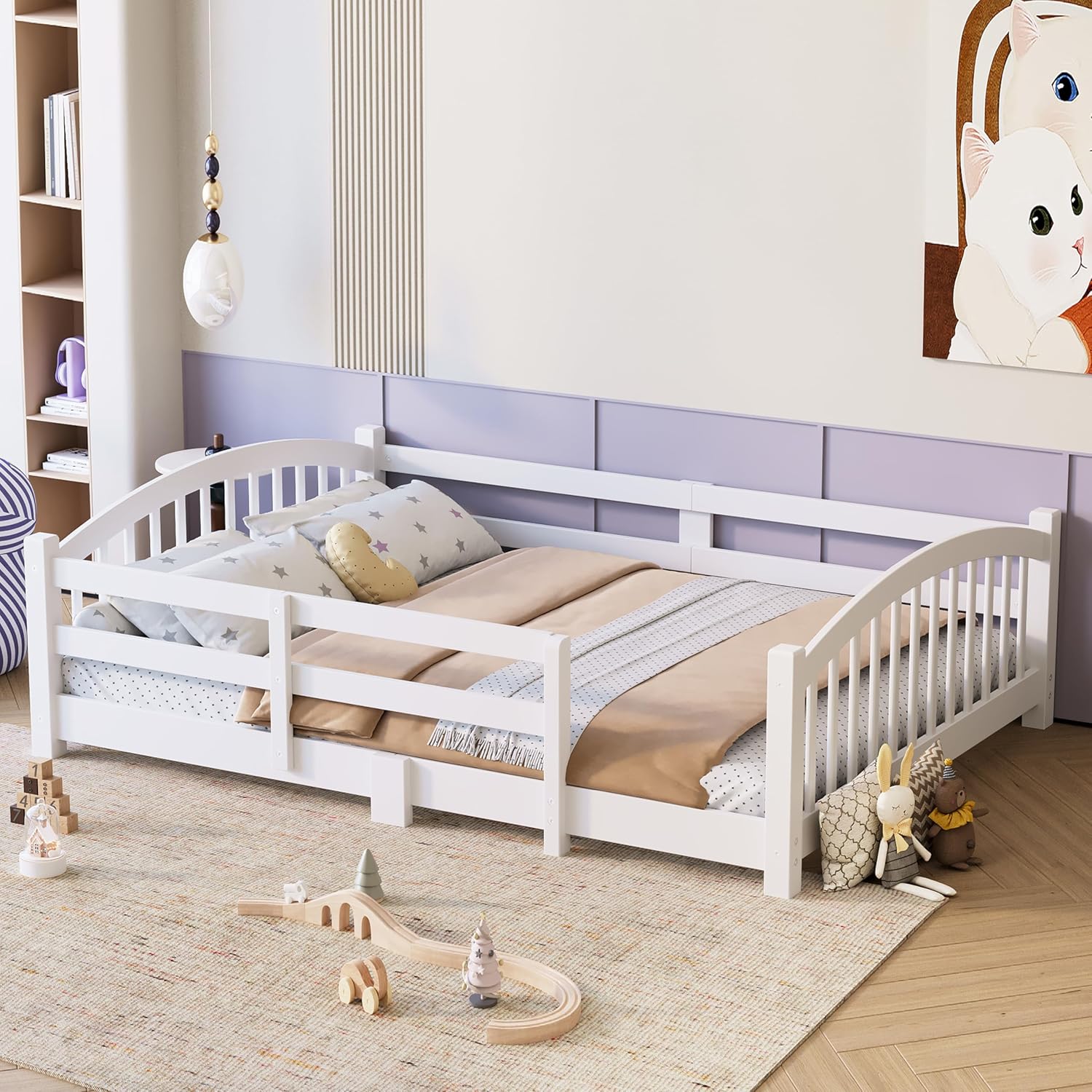 Merax Full Montessori Floor Bed with Safety Guardrails – Solid Wood Kids Bed with Slats & Fence and Without Door, No Box Spring Needed, White