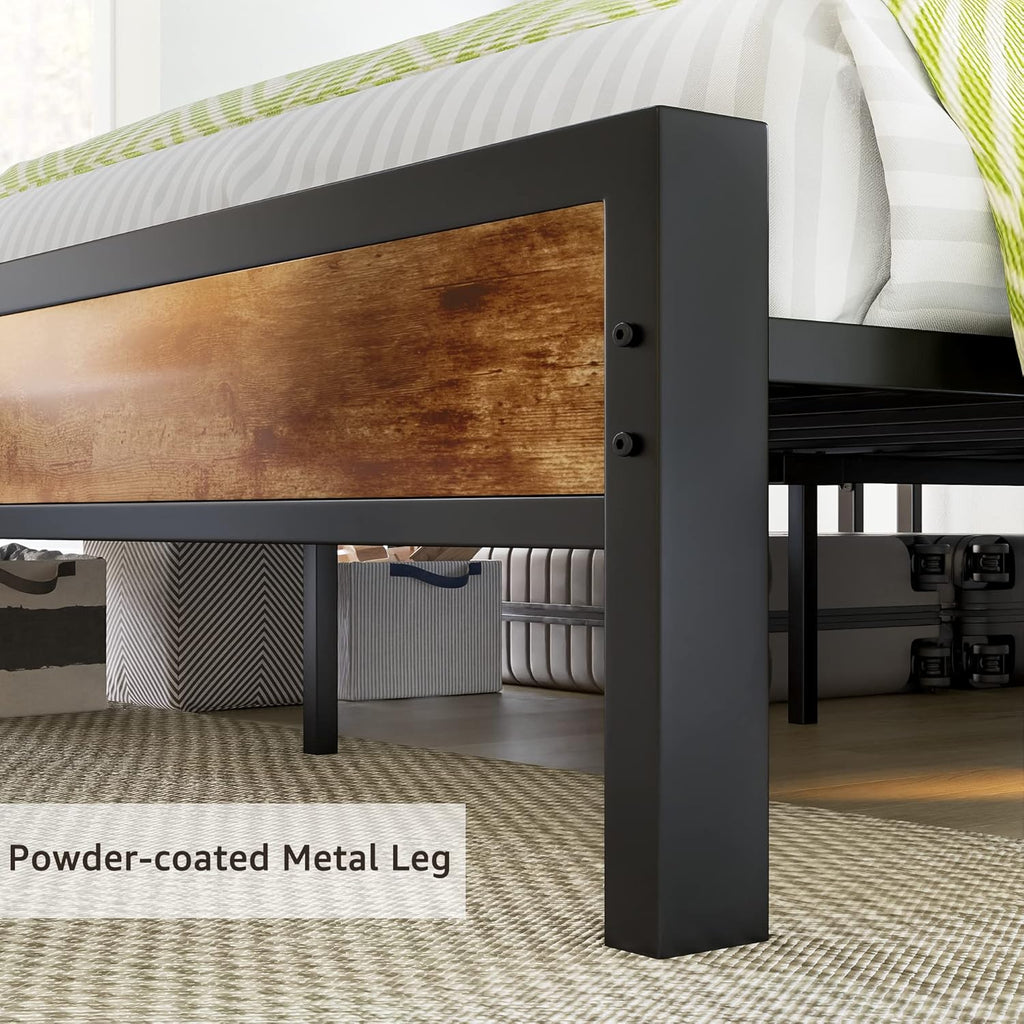 Queen Size Bed Frame, Platform Bed Frame with 2-Tier Storage Headboard and Charging Station/No Box Spring Needed/Noise Free/Industrial/Rustic Brown