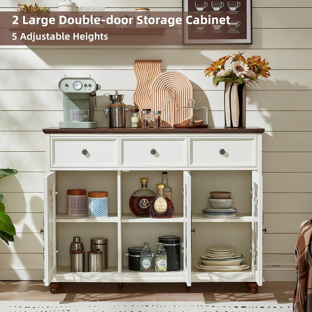 Farmhouse Sideboard Buffet Cabinet with Storage,48" Large Credenza with 3 Glass Doors & 3 Drawers,Adjustable Shelves Console Table,Wood Kitchen Coffee Bar for Dining Room,Living Room,White
