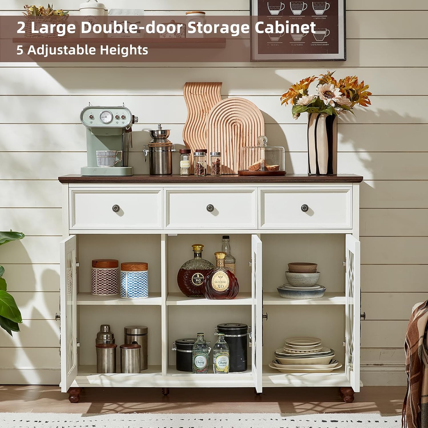 Farmhouse Sideboard Buffet Cabinet with Storage,48" Large Credenza with 3 Glass Doors & 3 Drawers,Adjustable Shelves Console Table,Wood Kitchen Coffee Bar for Dining Room,Living Room,White