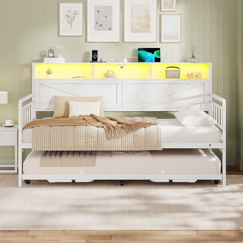 VIAGDO Day Bed with Trundle Bed Twin, Wood Day Bed with Hidden Storage Headboard, Farmhouse Daybed with Charging Station and LED Lights, Twin to King Daybed for Living Room, Guest Room, White
